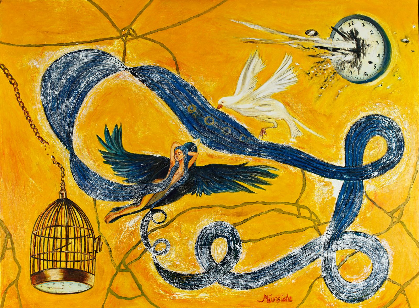 Yellow: a yellow field seamed throughout with gold, as in kintsugi repair. A winged woman flies wrapped in a long blue ribbon that loops into spirals at right. A white dove rises toward a clock that is shattering. At lower left an open, empty birdcage hangs from a chain, a clock face at its base.